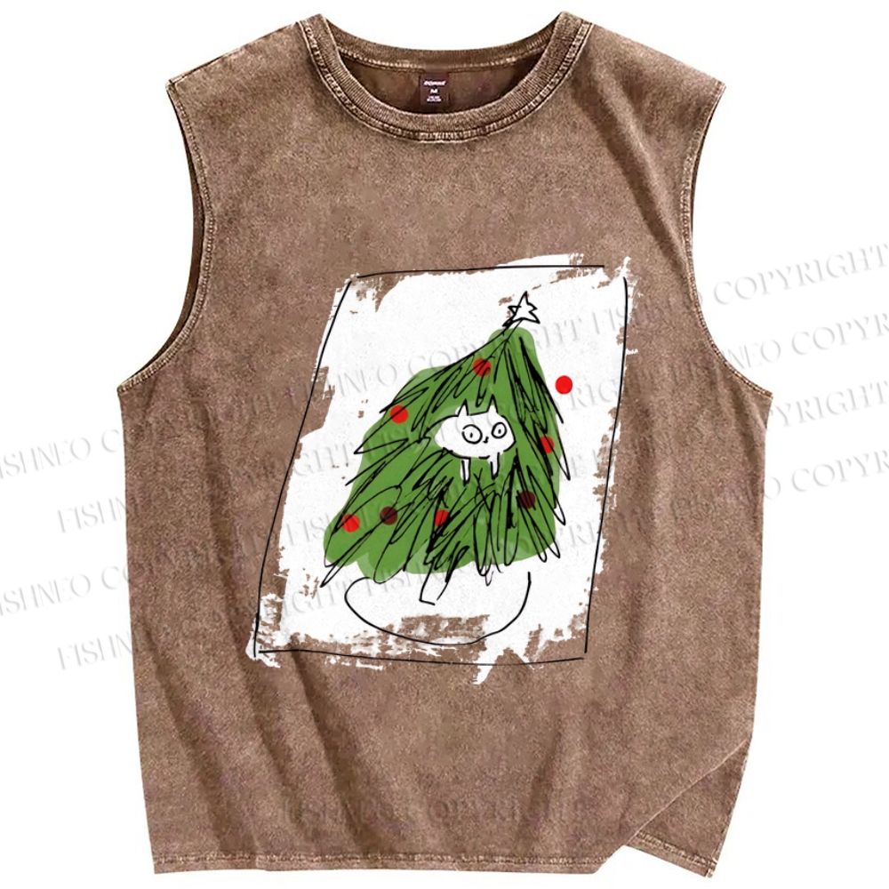 Unisex Silly Cat Stuck In Christmas Tree Printed Washed Tank Top