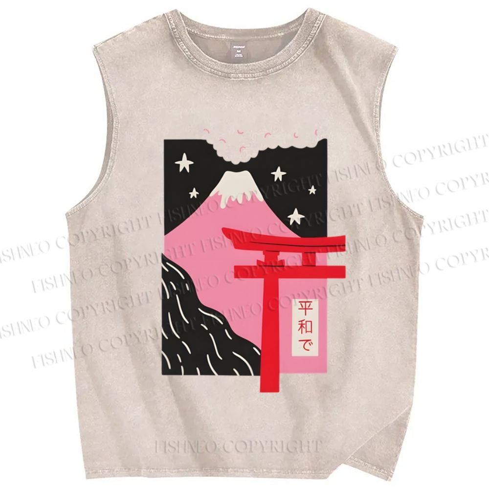 Unisex Japanese Mount Fuji Printed Washed Tank Top