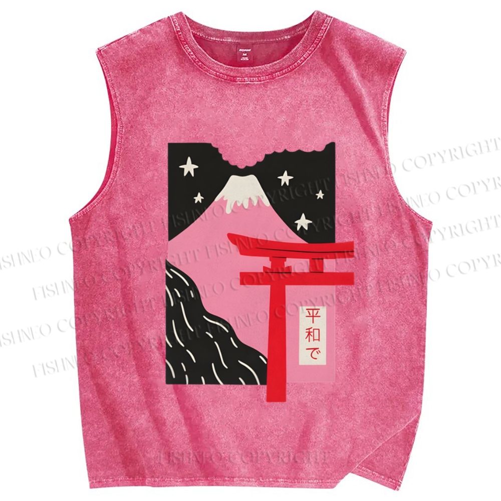 Unisex Japanese Mount Fuji Printed Washed Tank Top