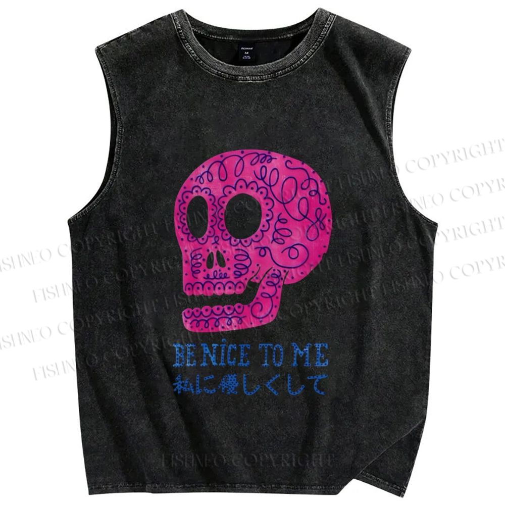 Unisex Be Nice To Skull Japanese Printed Washed Tank Top