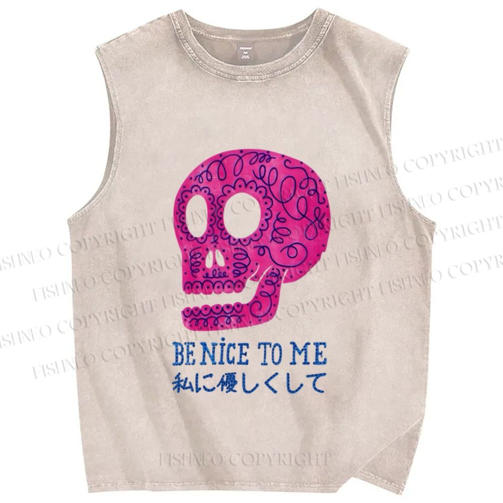 Unisex Be Nice To Skull Japanese Printed Washed Tank Top