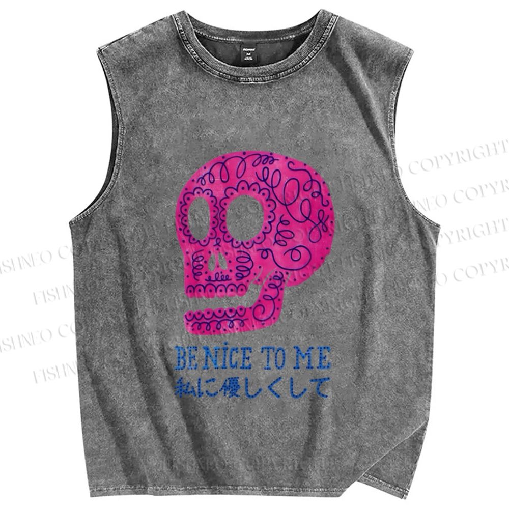 Unisex Be Nice To Skull Japanese Printed Washed Tank Top