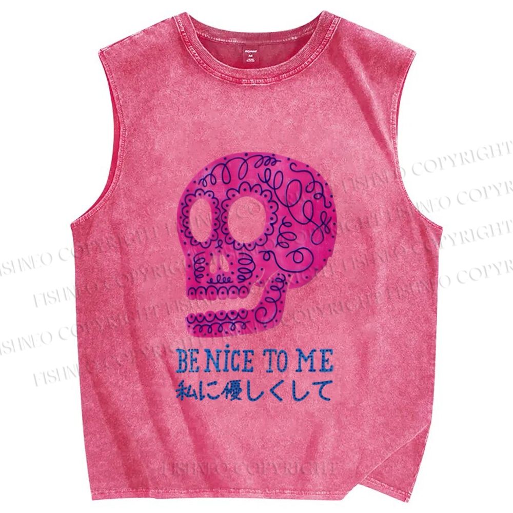 Unisex Be Nice To Skull Japanese Printed Washed Tank Top