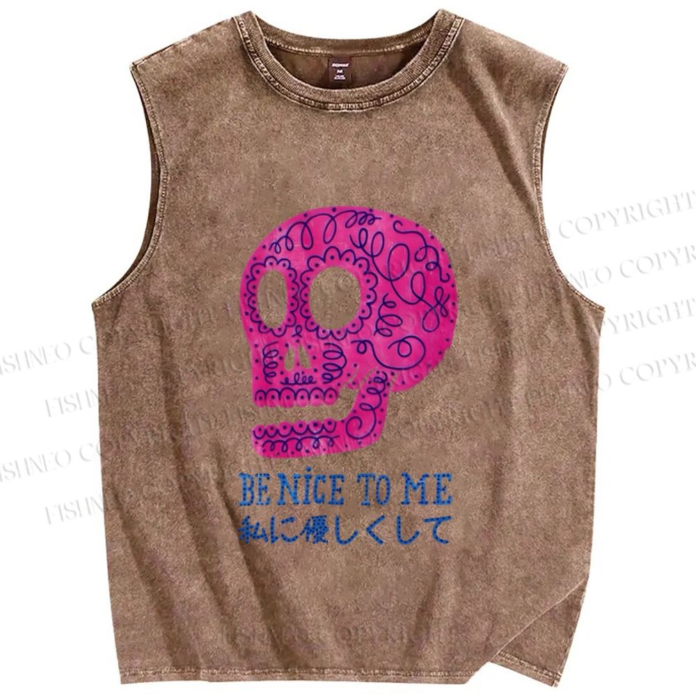 Unisex Be Nice To Skull Japanese Printed Washed Tank Top