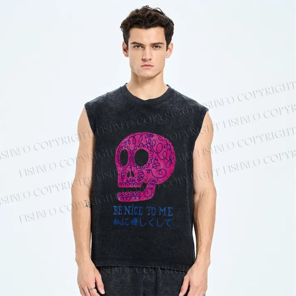 Unisex Be Nice To Skull Japanese Printed Washed Tank Top