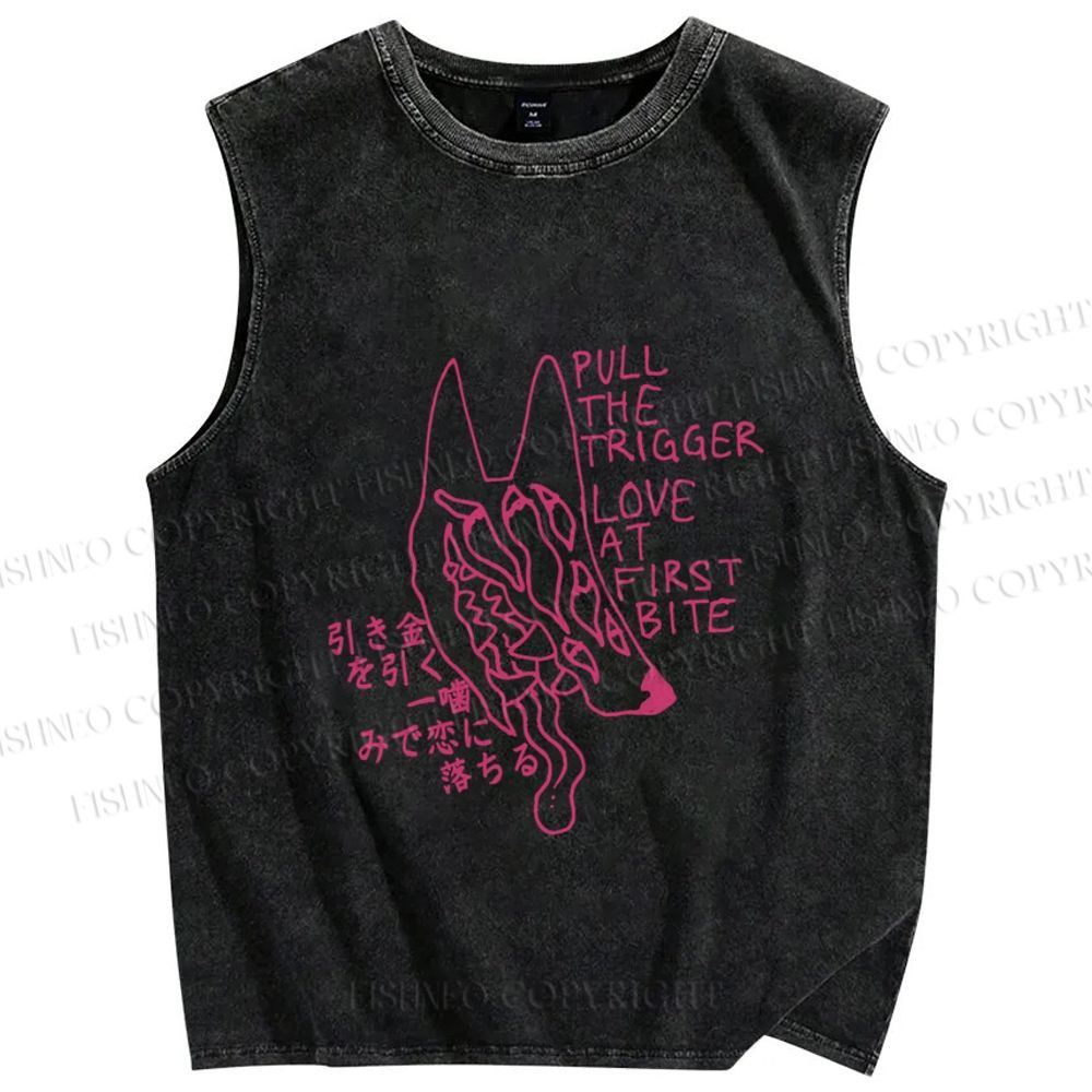 Unisex Pull The Trigger Love At First Bite Wolf Japanese Printed Washed Tank Top