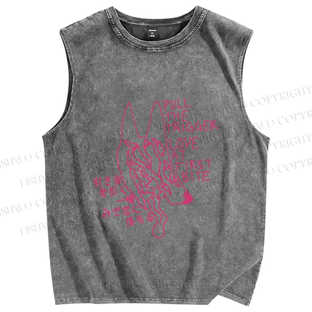 Unisex Pull The Trigger Love At First Bite Wolf Japanese Printed Washed Tank Top
