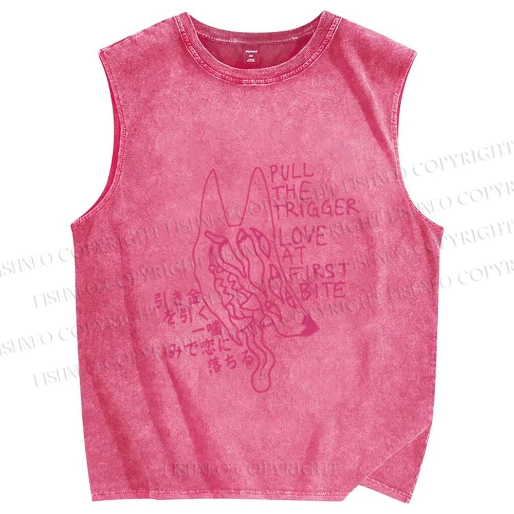 Unisex Pull The Trigger Love At First Bite Wolf Japanese Printed Washed Tank Top