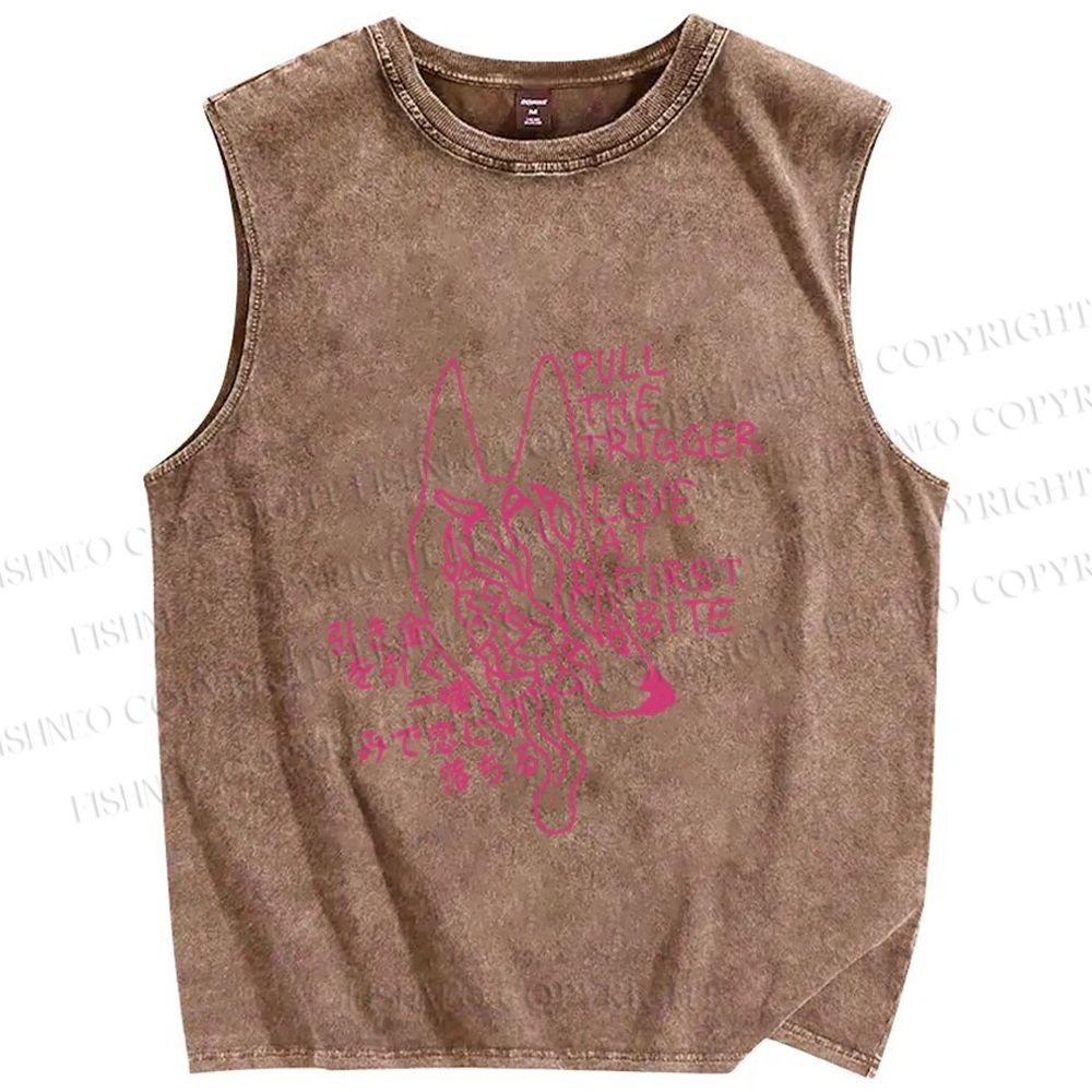 Unisex Pull The Trigger Love At First Bite Wolf Japanese Printed Washed Tank Top