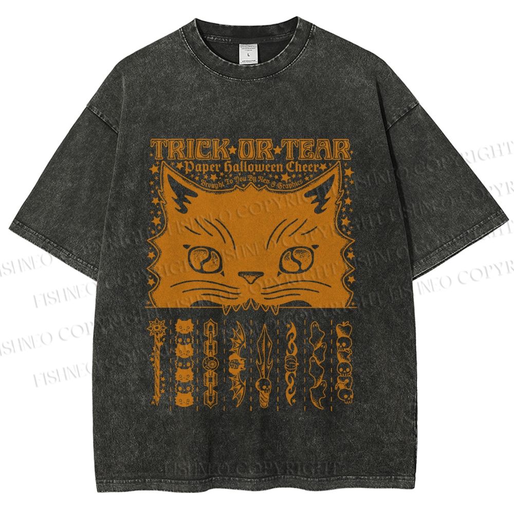 Unisex Halloween Spooky Cat Printed Washed Tee