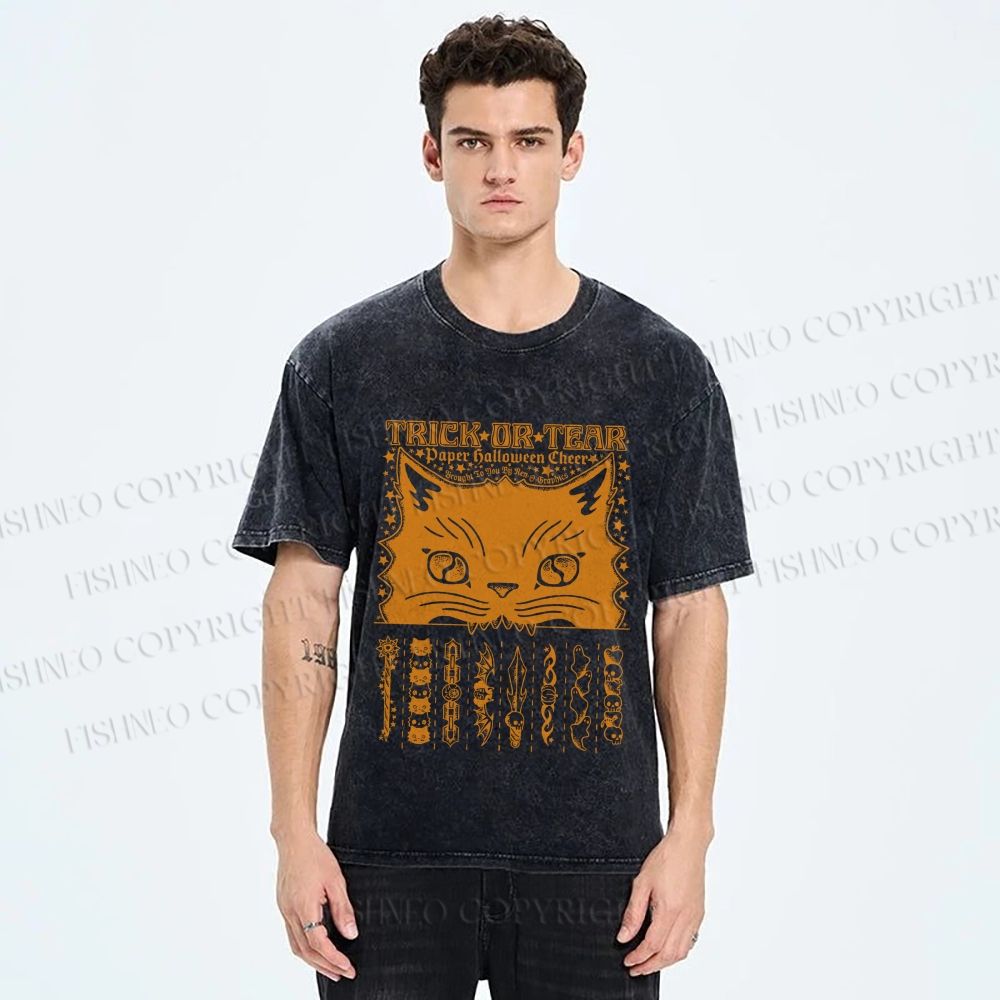 Unisex Halloween Spooky Cat Printed Washed Tee
