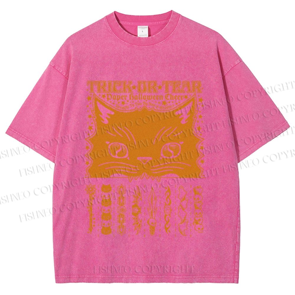 Unisex Halloween Spooky Cat Printed Washed Tee