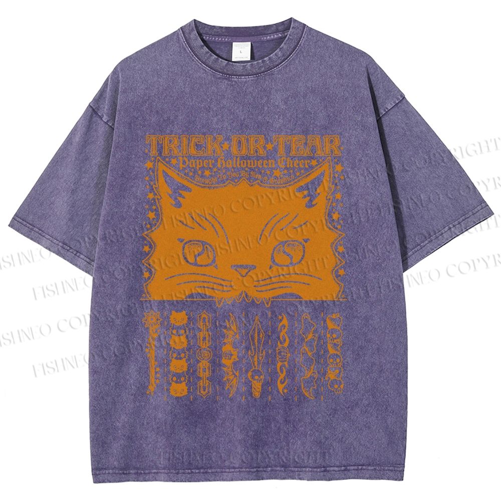 Unisex Halloween Spooky Cat Printed Washed Tee