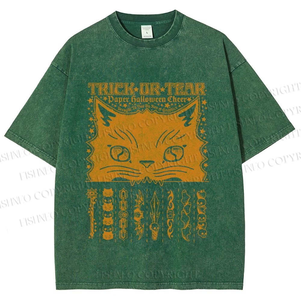 Unisex Halloween Spooky Cat Printed Washed Tee