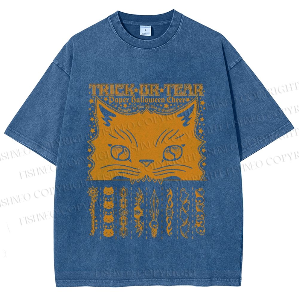 Unisex Halloween Spooky Cat Printed Washed Tee