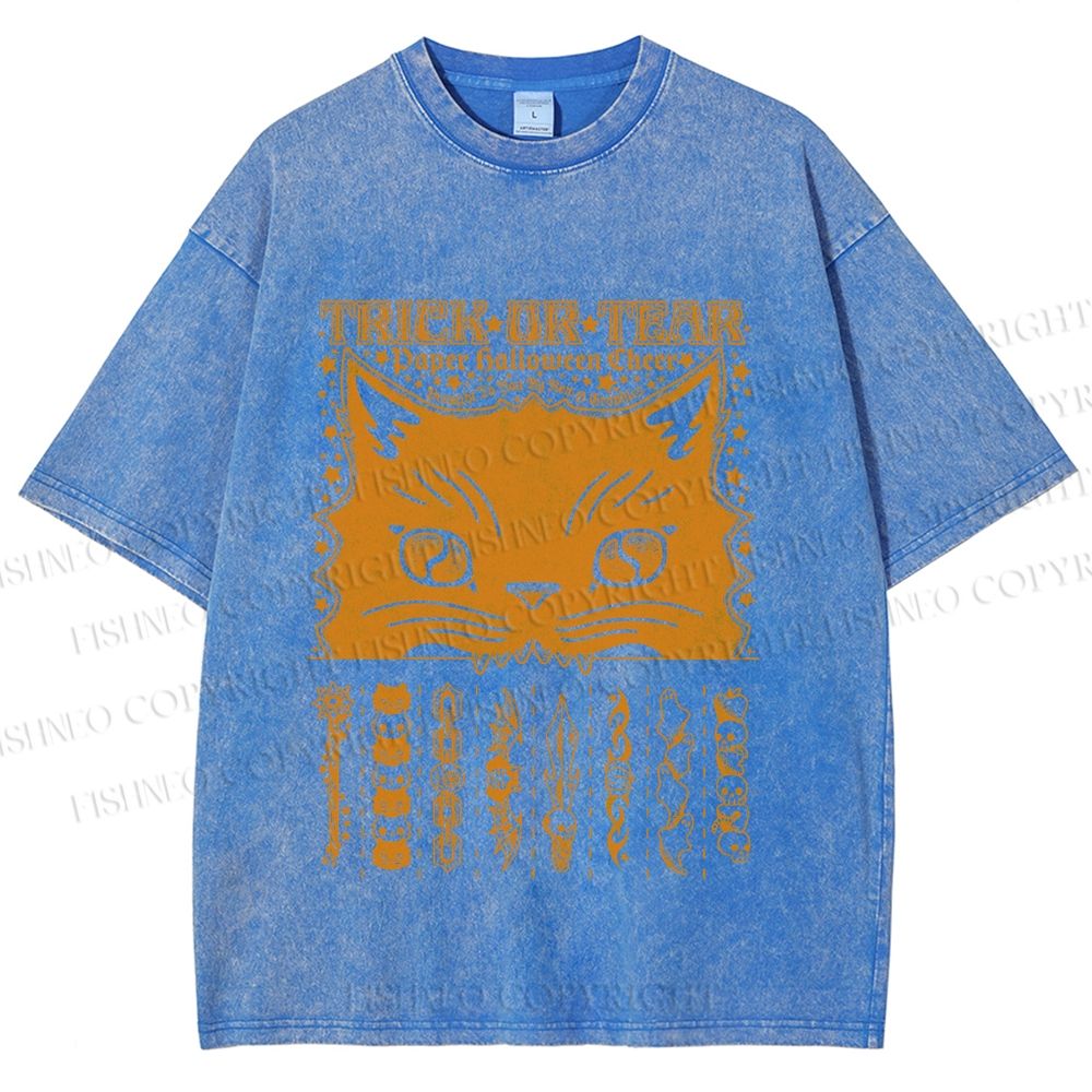 Unisex Halloween Spooky Cat Printed Washed Tee