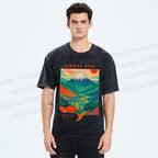 Unisex Japanese Mount Fuji Graffiti Printed Washed Tee