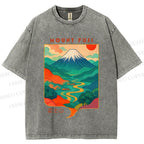 Unisex Japanese Mount Fuji Graffiti Printed Washed Tee