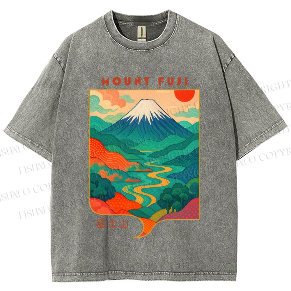 Unisex Japanese Mount Fuji Graffiti Printed Washed Tee