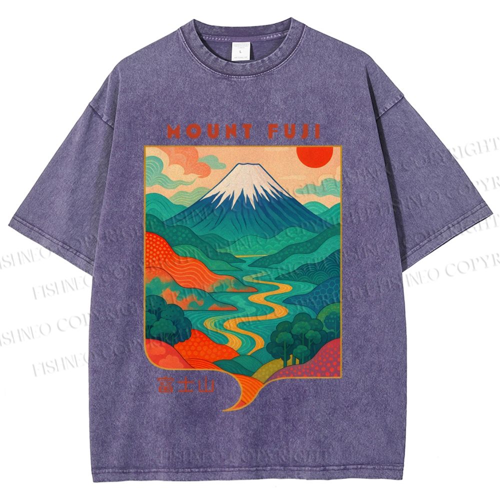 Unisex Japanese Mount Fuji Graffiti Printed Washed Tee