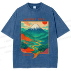 Unisex Japanese Mount Fuji Graffiti Printed Washed Tee