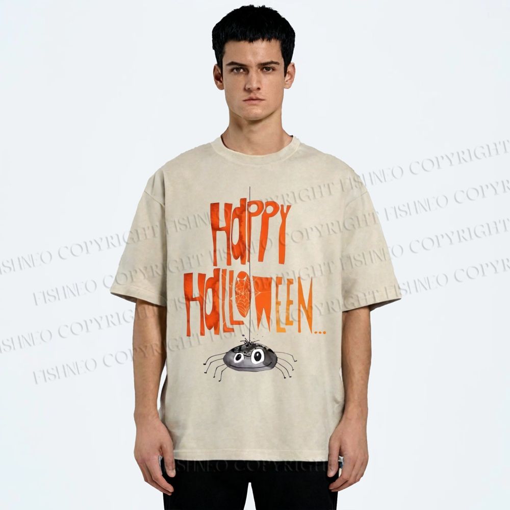 Unisex Cute Spider Happy Halloween Hang In There Printed Washed Tee