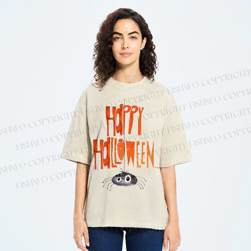 Unisex Cute Spider Happy Halloween Hang In There Printed Washed Tee