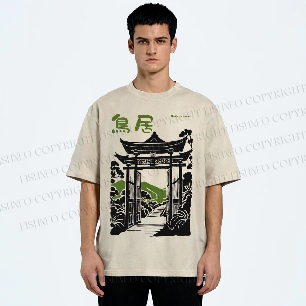 Unisex Torii Gate Japanese Graffiti Printed Washed Tee