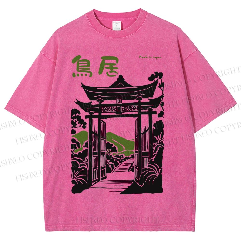 Unisex Torii Gate Japanese Graffiti Printed Washed Tee