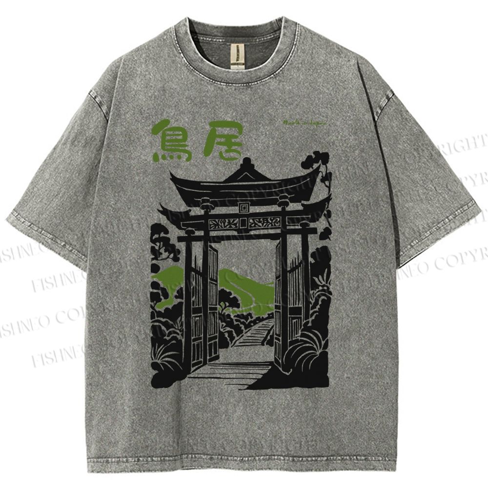 Unisex Torii Gate Japanese Graffiti Printed Washed Tee