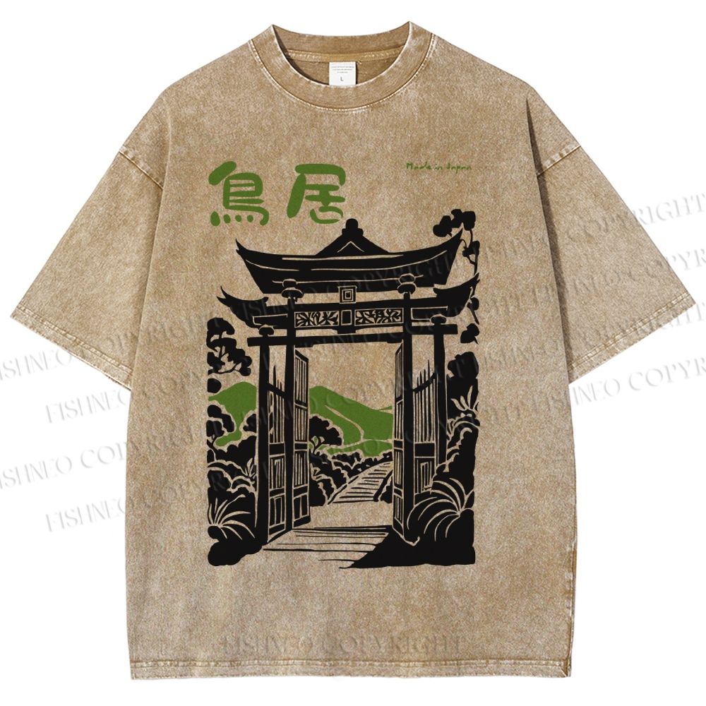 Unisex Torii Gate Japanese Graffiti Printed Washed Tee