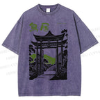 Unisex Torii Gate Japanese Graffiti Printed Washed Tee