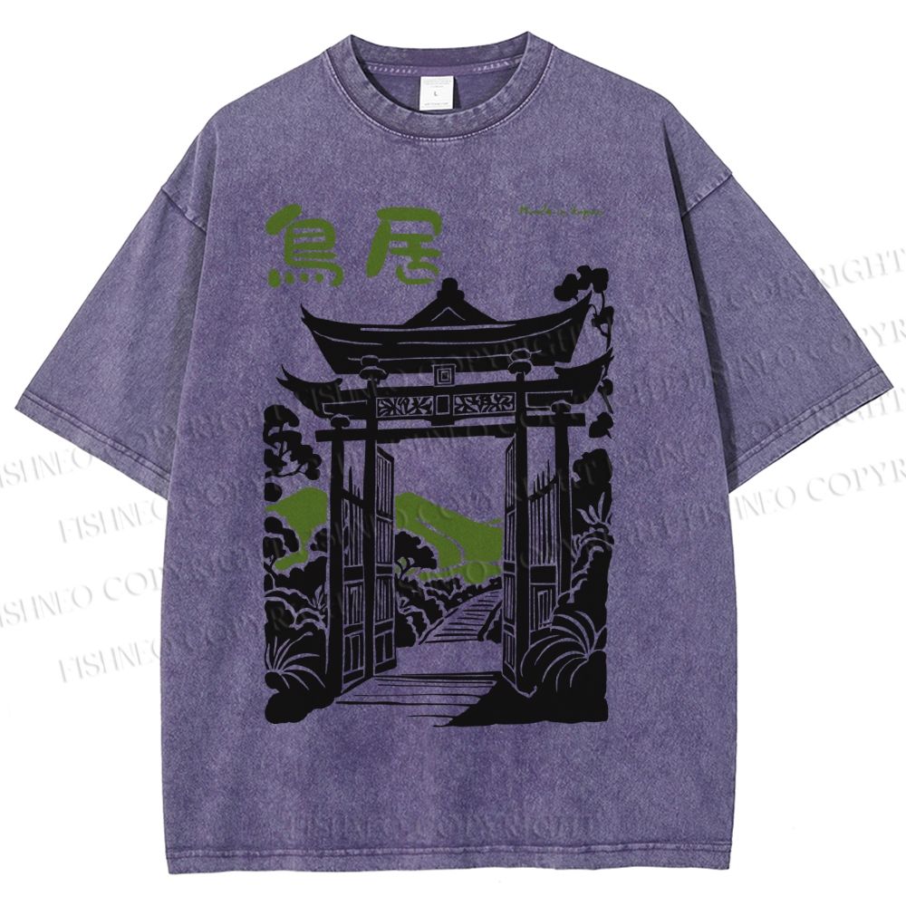 Unisex Torii Gate Japanese Graffiti Printed Washed Tee