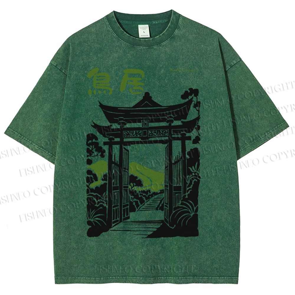Unisex Torii Gate Japanese Graffiti Printed Washed Tee