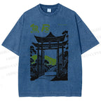 Unisex Torii Gate Japanese Graffiti Printed Washed Tee