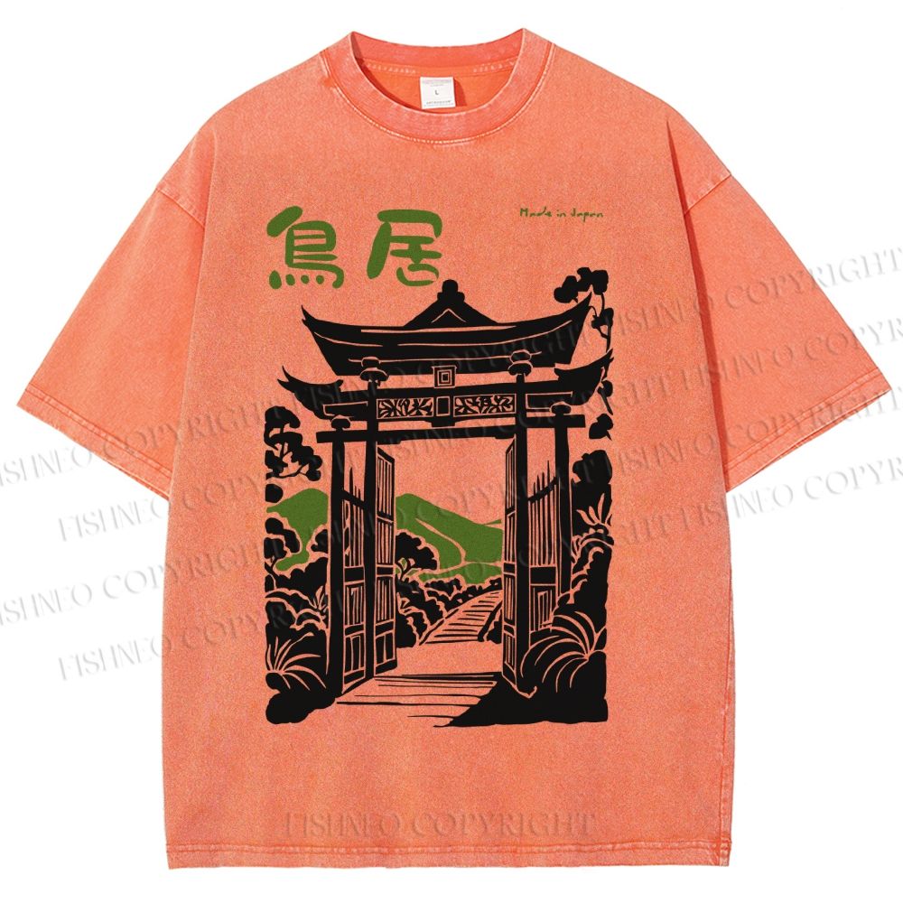 Unisex Torii Gate Japanese Graffiti Printed Washed Tee