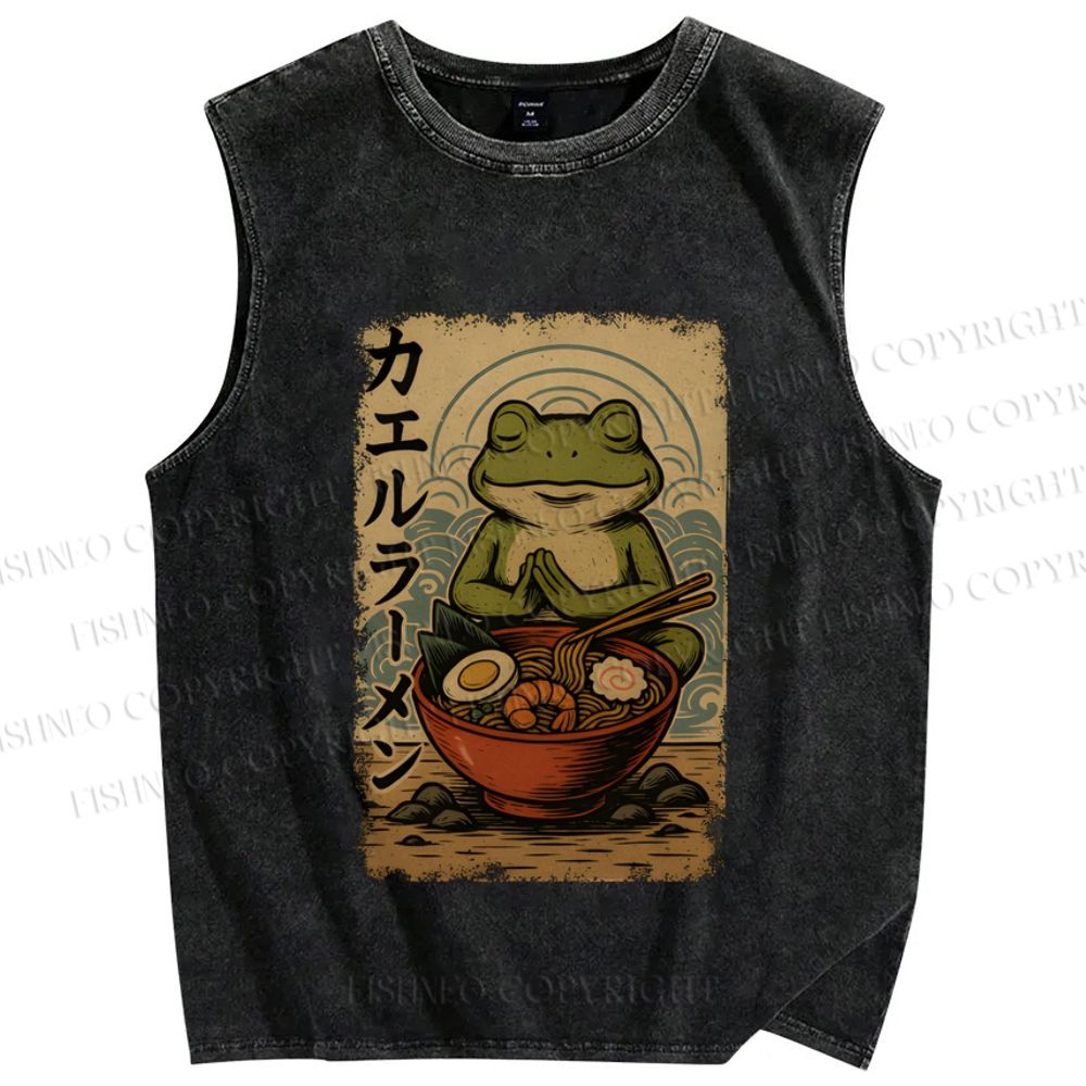 Unisex Frog Ramen Printed Washed Tank Top