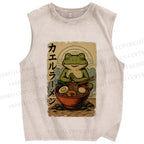 Unisex Frog Ramen Printed Washed Tank Top