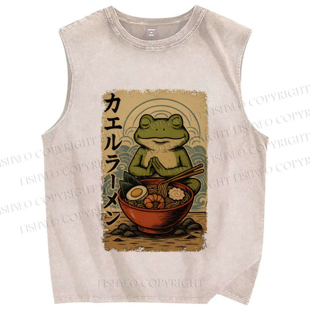 Unisex Frog Ramen Printed Washed Tank Top