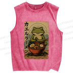 Unisex Frog Ramen Printed Washed Tank Top