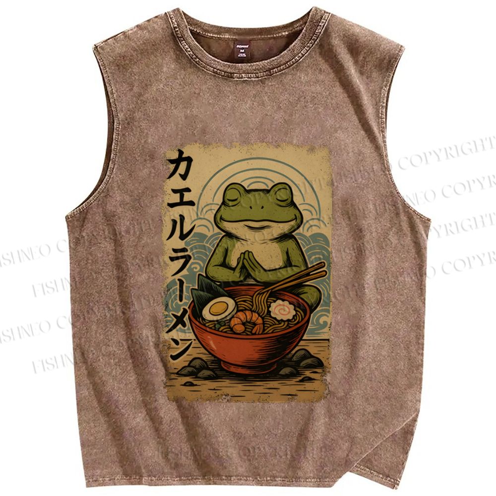 Unisex Frog Ramen Printed Washed Tank Top