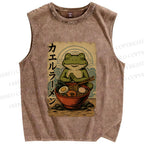 Unisex Frog Ramen Printed Washed Tank Top