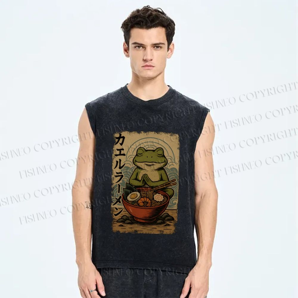 Unisex Frog Ramen Printed Washed Tank Top