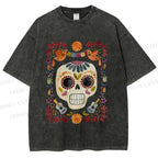 Unisex Skull Surrounded by Garland Printed Washed Tee