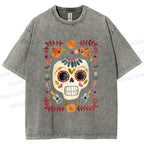 Unisex Skull Surrounded by Garland Printed Washed Tee