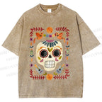 Unisex Skull Surrounded by Garland Printed Washed Tee