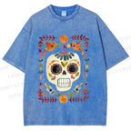 Unisex Skull Surrounded by Garland Printed Washed Tee