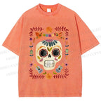 Unisex Skull Surrounded by Garland Printed Washed Tee