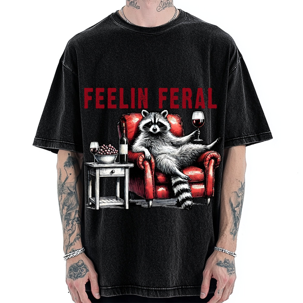 Feeling Feral Raccoon Wine Lover Vintage Washed T-shirt