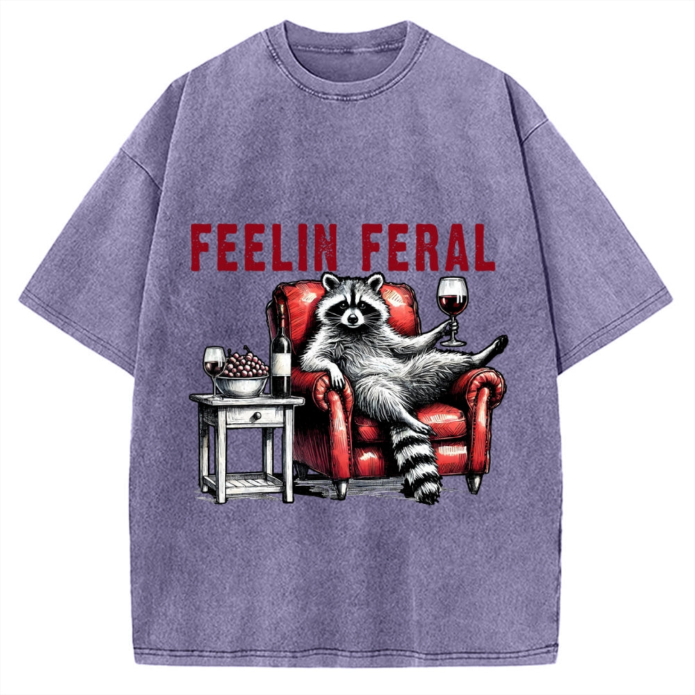 Feeling Feral Raccoon Wine Lover Vintage Washed T-shirt
